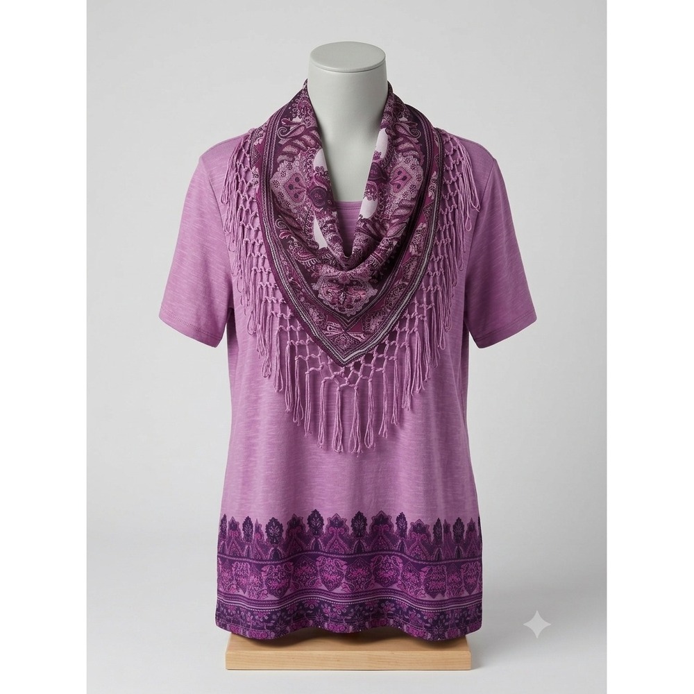 Moda Womens 2X Purple Paisley Scarf Neck Fringe Tunic Top Short Sleeve Boho